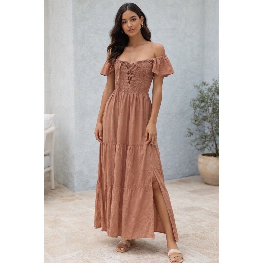 Unbranded Milk Maid Cottage Peasant Midi Dress Women 2 Blush Lace‎ Up Coquette